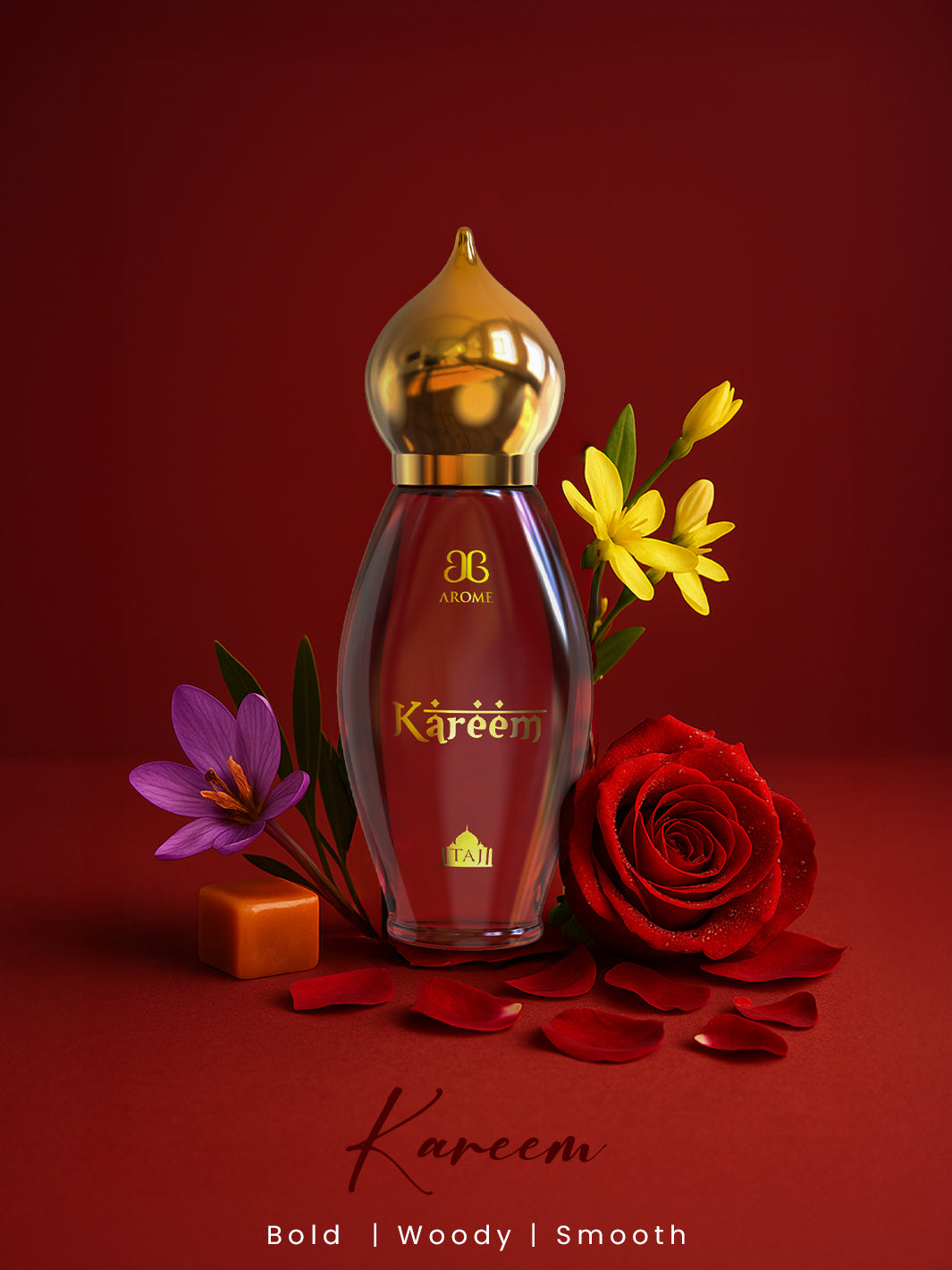 Perfume bottle labeled 'Kareem' with flowers on a red background