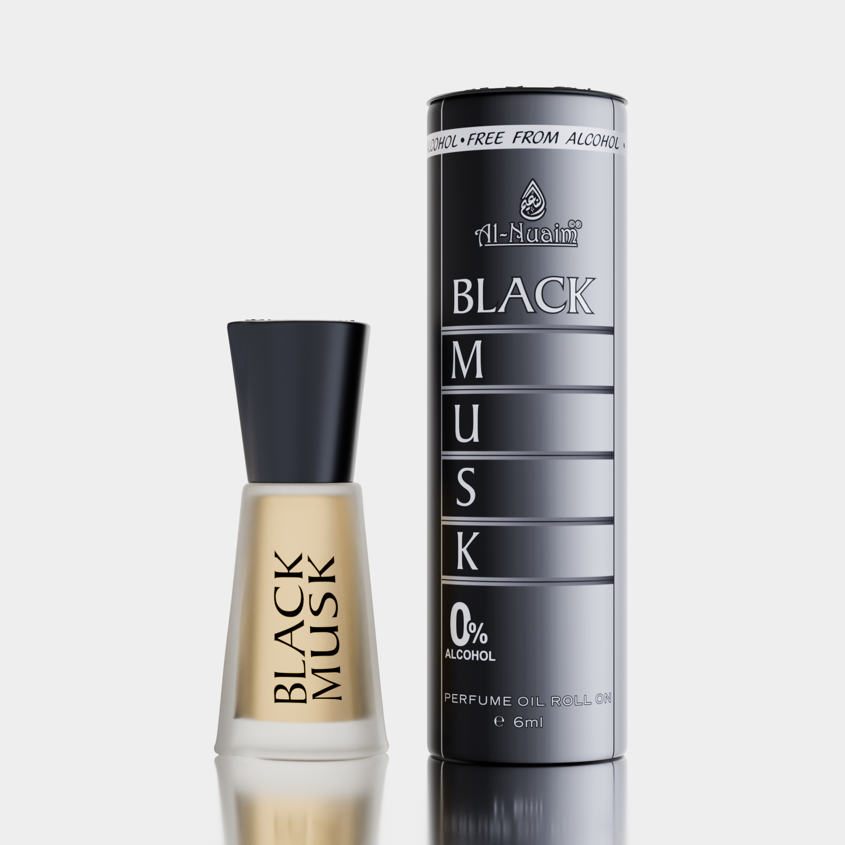 Al-Nuaim black musk attar and tin package on white background
