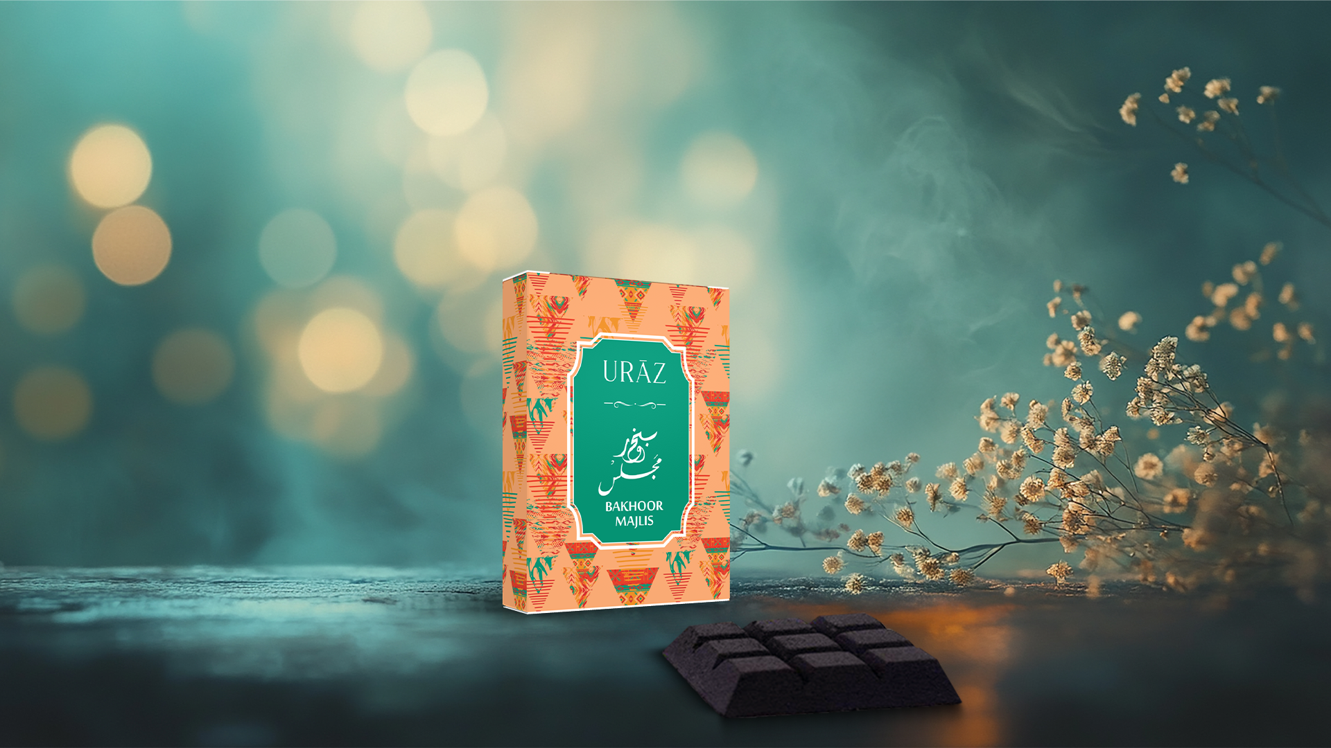 URAZ Bakhoor Majlis packaging with a blurred background of lights and flowers