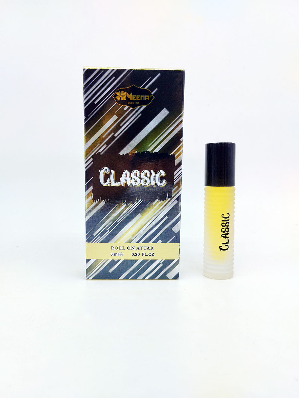 attar  roll-on with packaging labeled 'Classic' on a white background