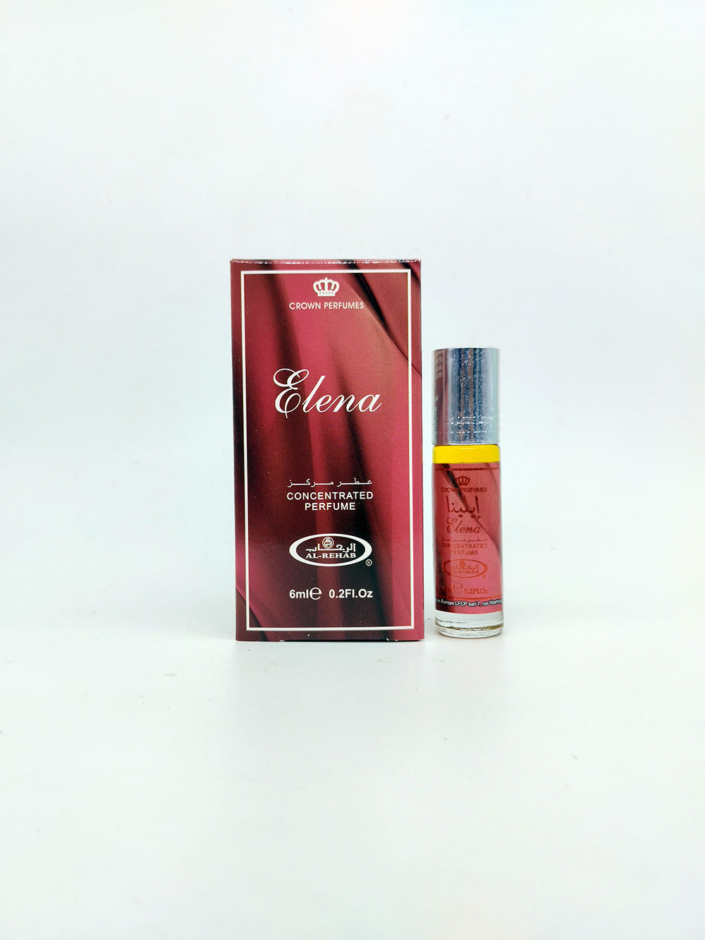 Perfume bottle and packaging with 'Elena' branding on a white background