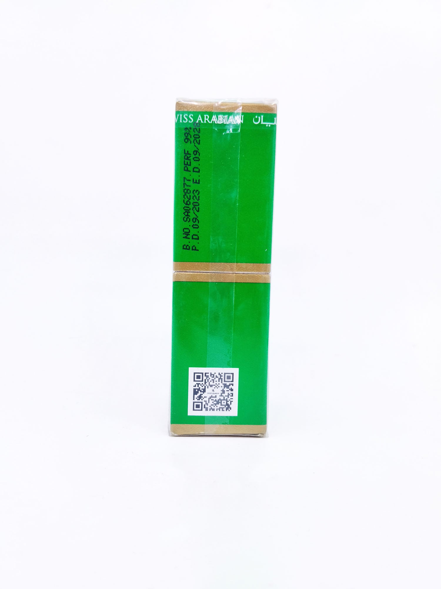 Side view of Green packaging of Swiss Arabian Jannet el firdaus on a white background