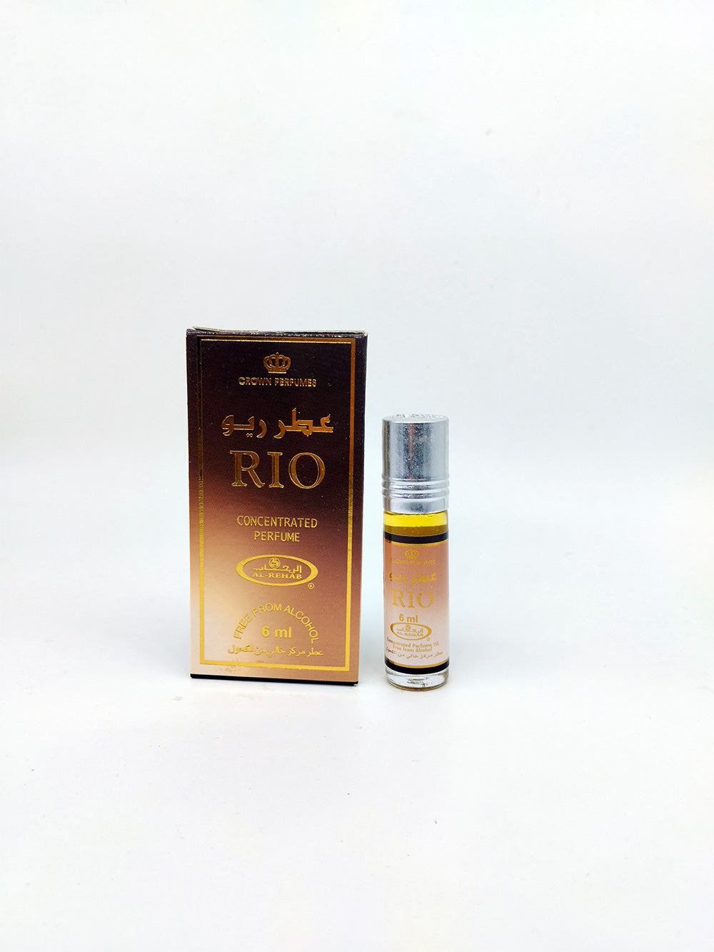 Rio Attar bottle and packaging on white background