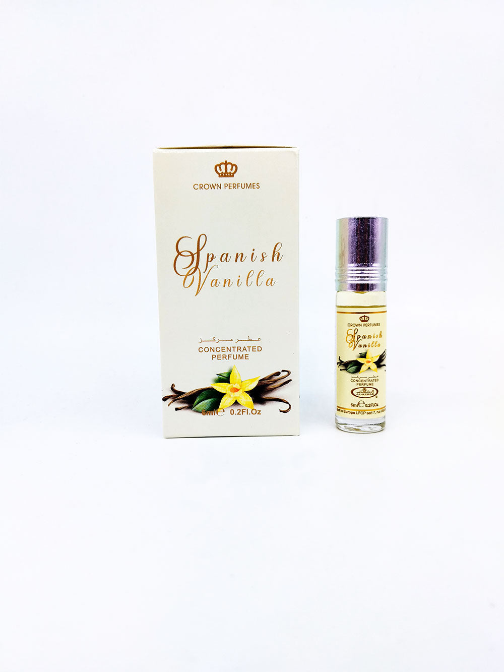 Spanish Vanilla attar bottle and packaging on a white background