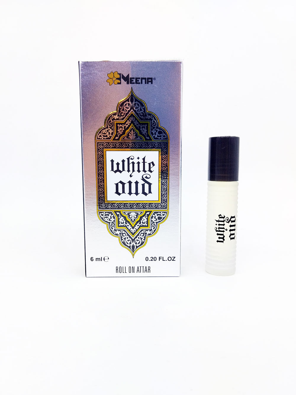 Meena White Oud roll-on attar with packaging on a white background