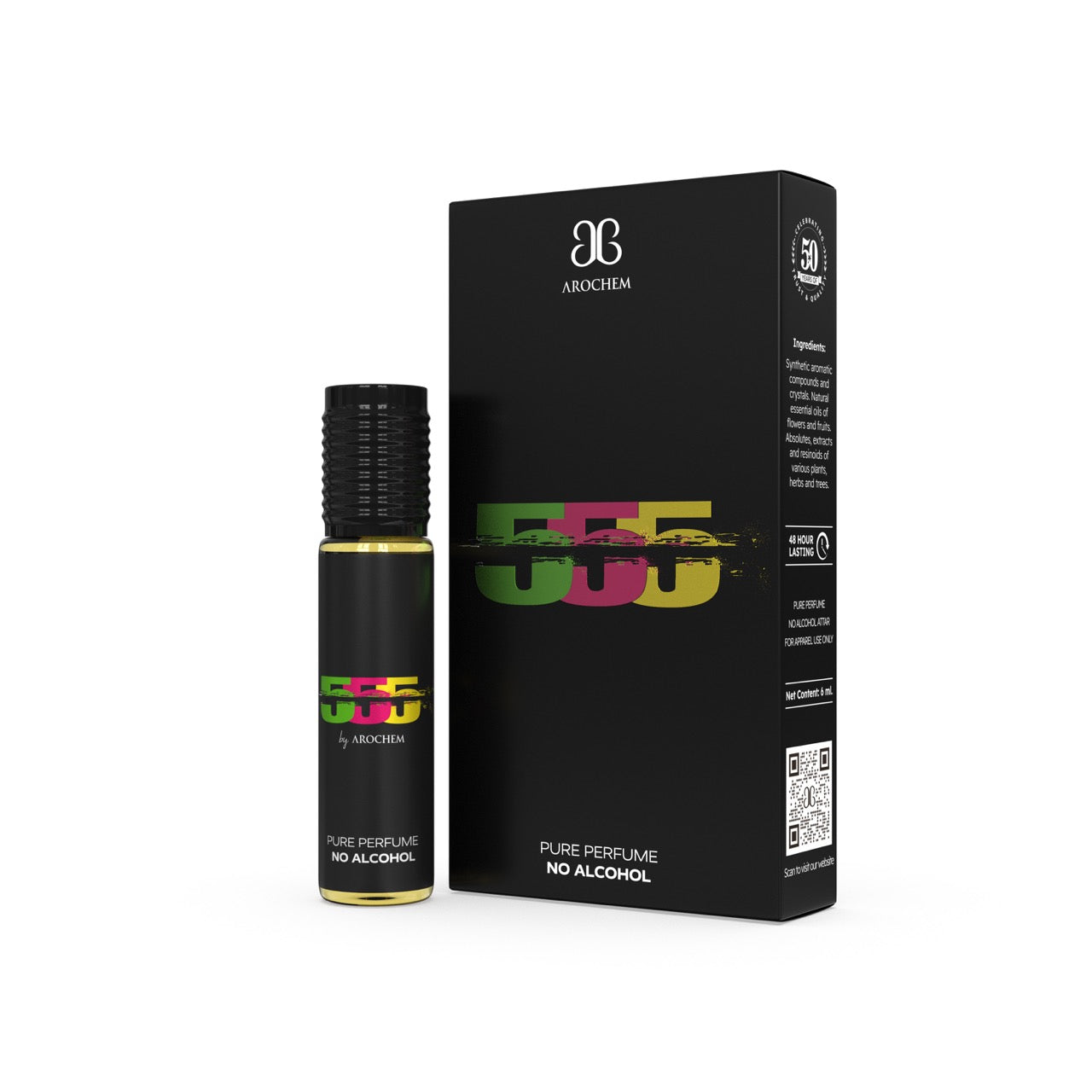 555 Attar Perfume bottle and packaging with colorful design on a white background