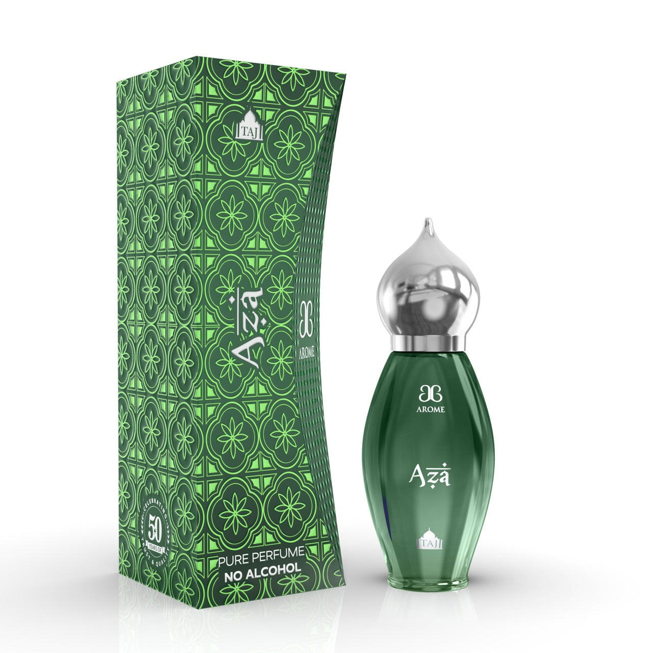 Aza perfume bottle and packaging with 'arome' branding on a white background