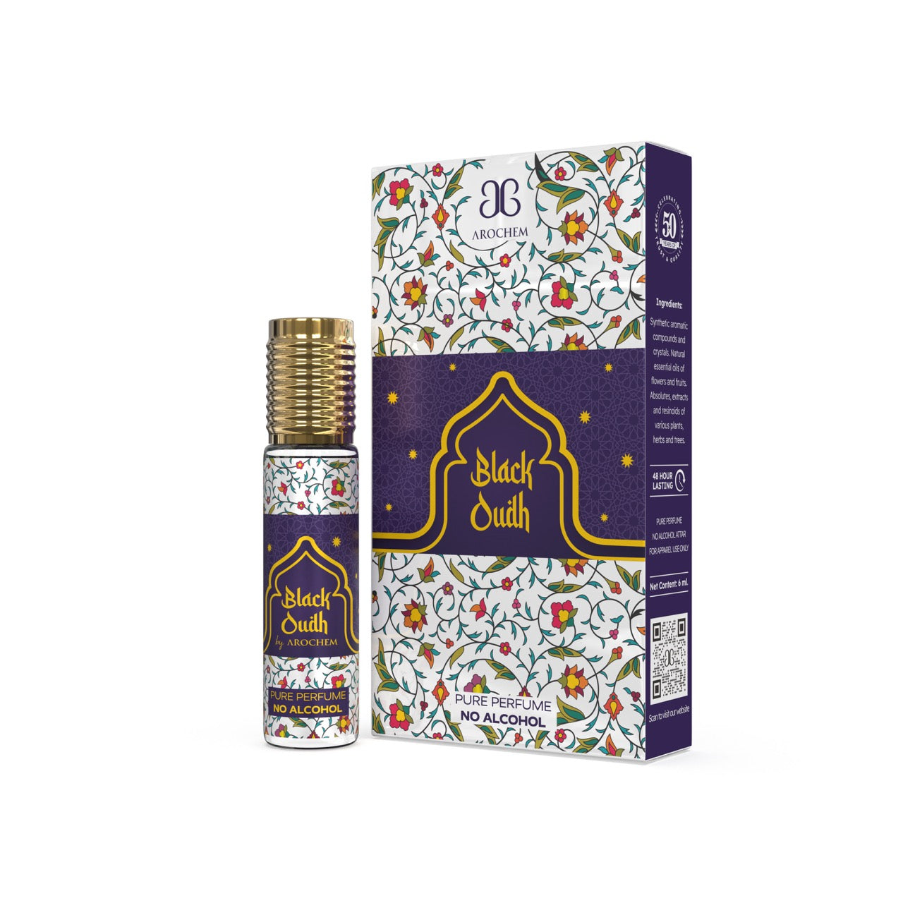 Black Oudh Perfume bottle and packaging with floral design on a white background
