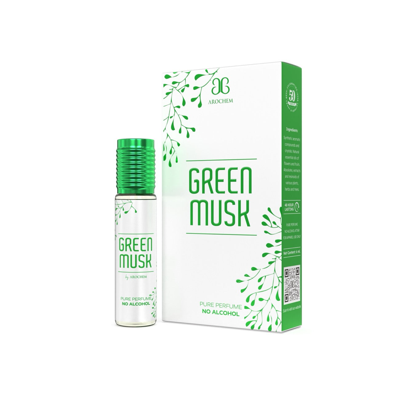 Green Musk perfume bottle and packaging on a white background