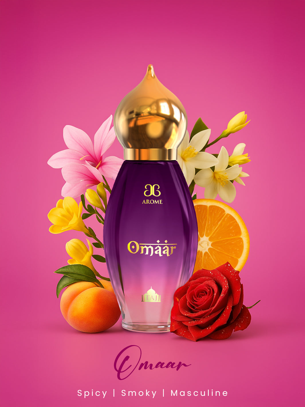Omaar perfume bottle with flowers and fruits on a pink background