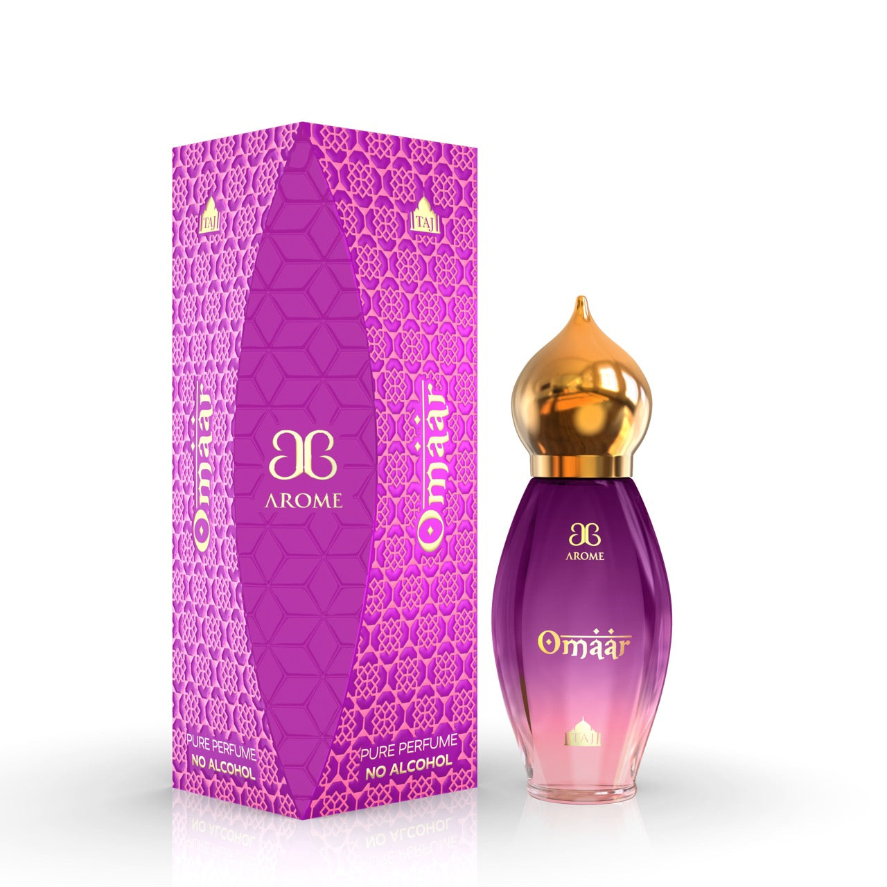 Arome omaar perfume bottle with gold cap and matching box on a white background
