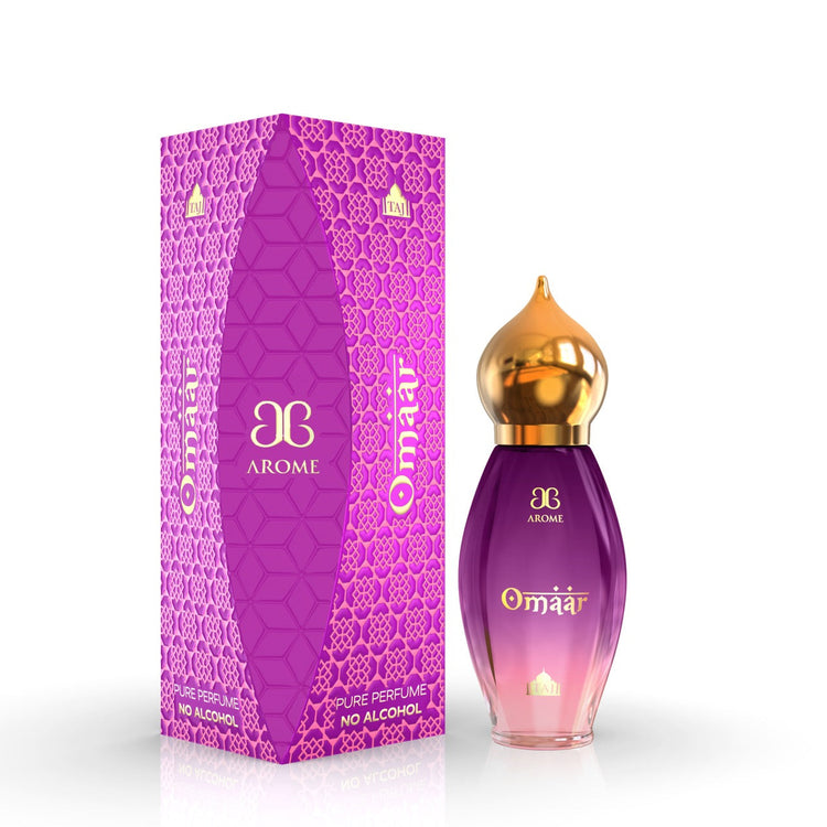 Arome omaar perfume bottle with gold cap and matching box on a white background