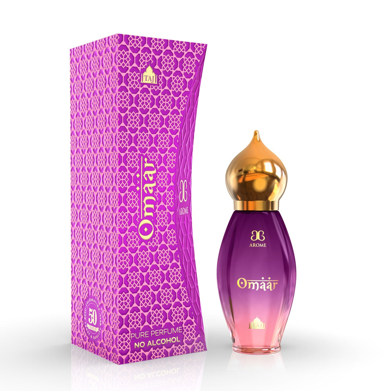 Arome Omaar perfume bottle with gold cap and matching box on a white background