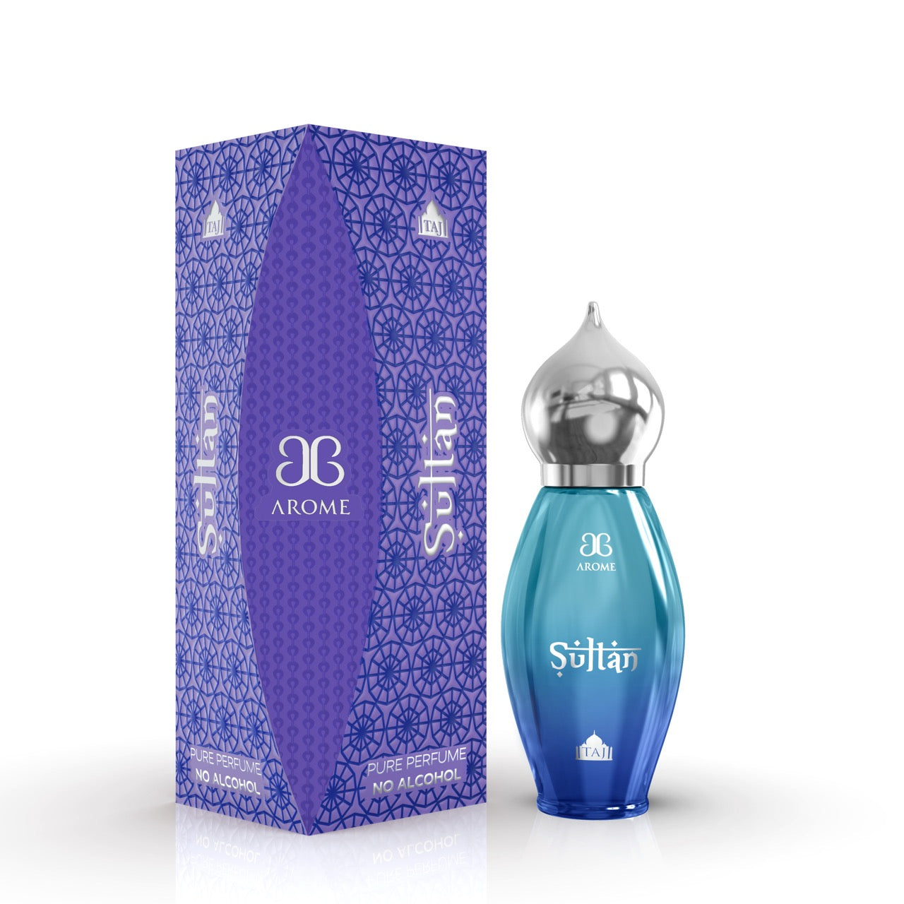 Sultan perfume bottle with silver cap and matching purple packaging on a white background
