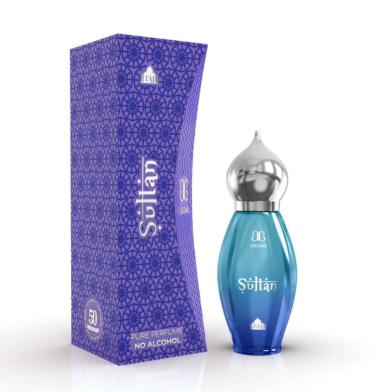 Sultan perfume bottle with silver cap and left side matching box on a white background