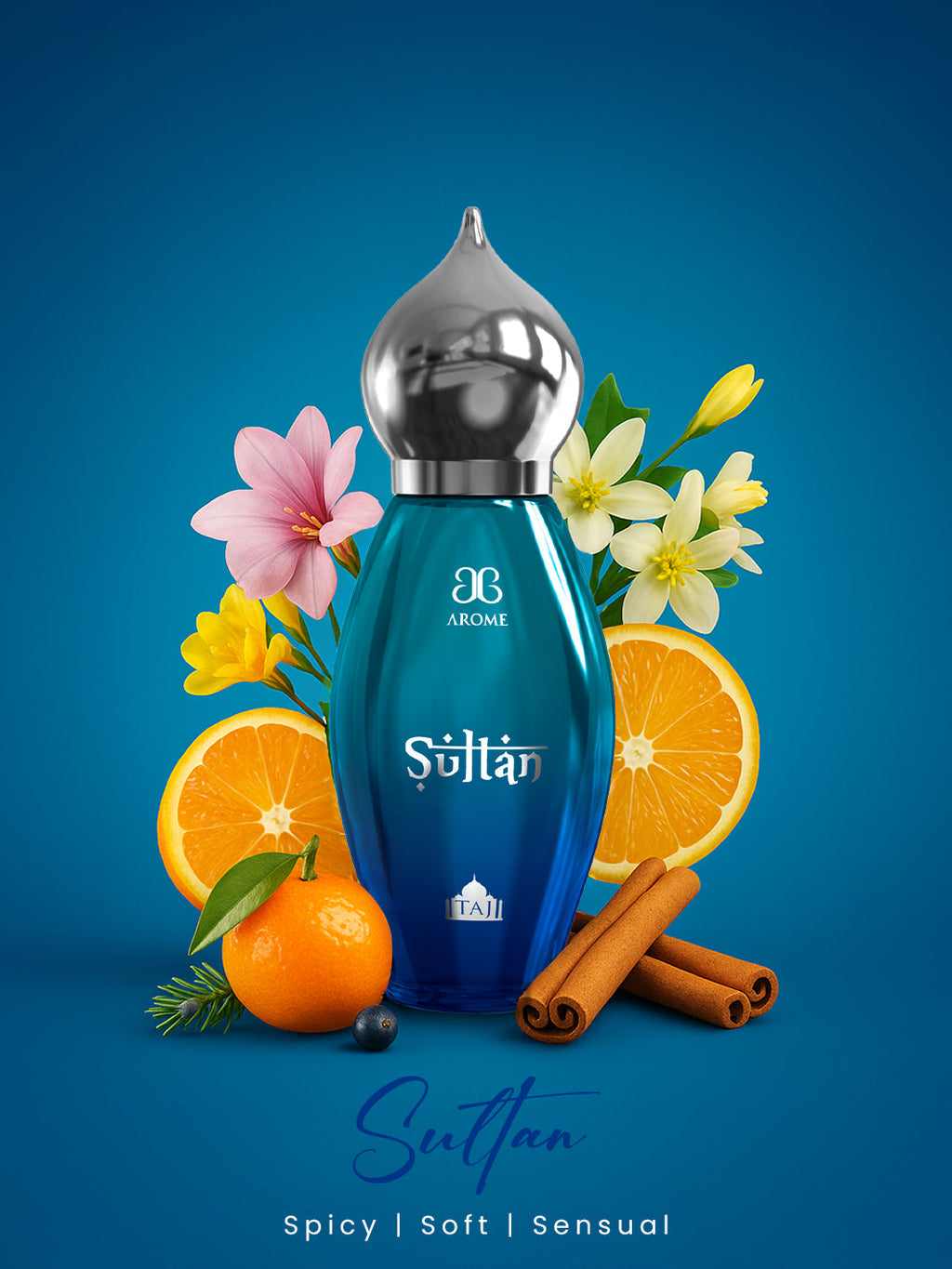 Sultan perfume bottle with silver cap surrounded by flowers and fruits on a blue background