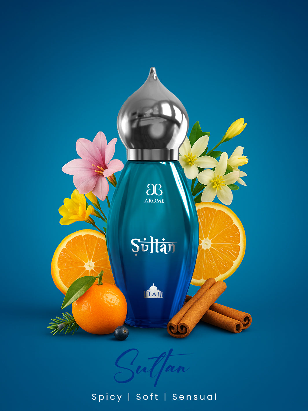 Sultan perfume bottle with silver cap surrounded by flowers and fruits on a blue background