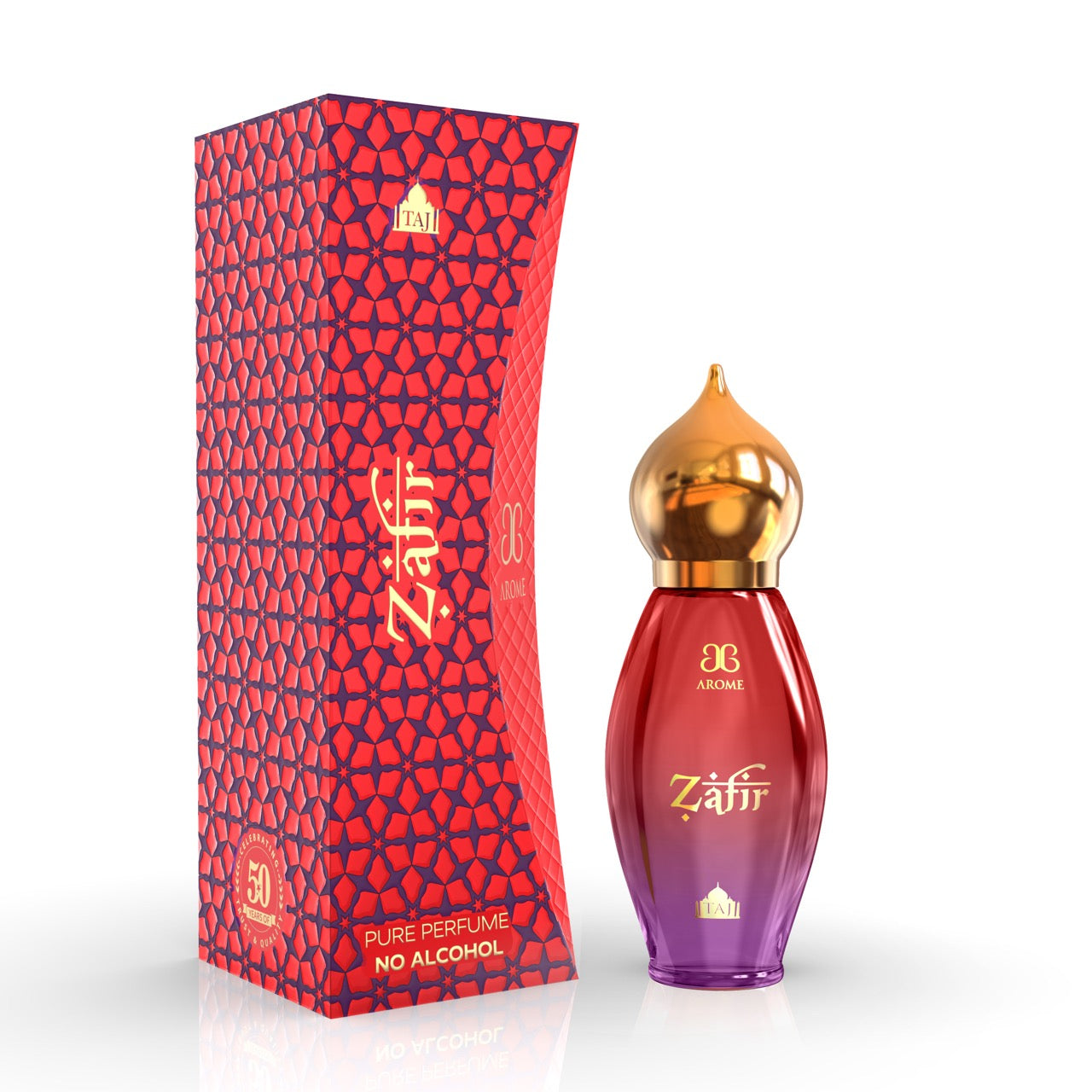 Zaffr perfume bottle and left side of packaging on a white background