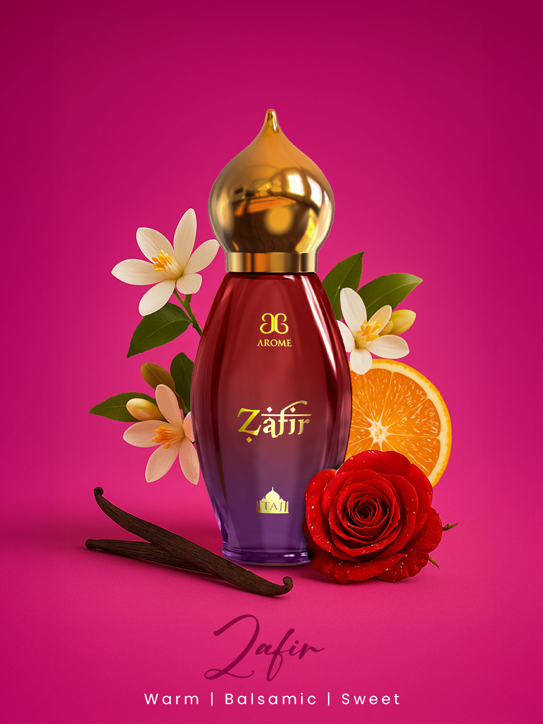 Perfume bottle labeled 'Zafir' with flowers, an orange, and a vanilla bean on a pink background