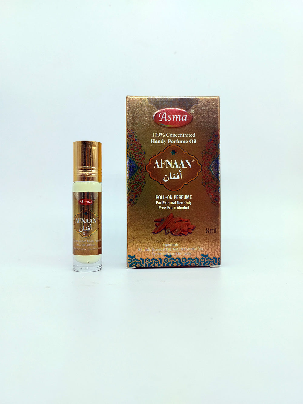 Afnan perfume oil bottle and packaging on a white background