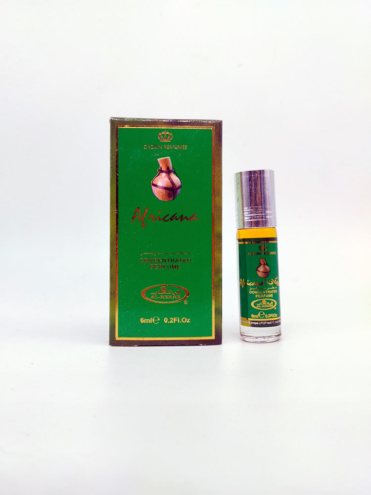 Africana attar bottle with packaging on white background