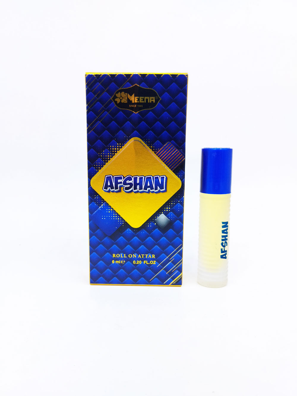 Afshan attar bottle and packaging on a white background