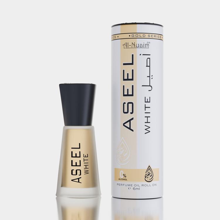 Al-Nuaim Aseel white Attar and tin package placed on white background