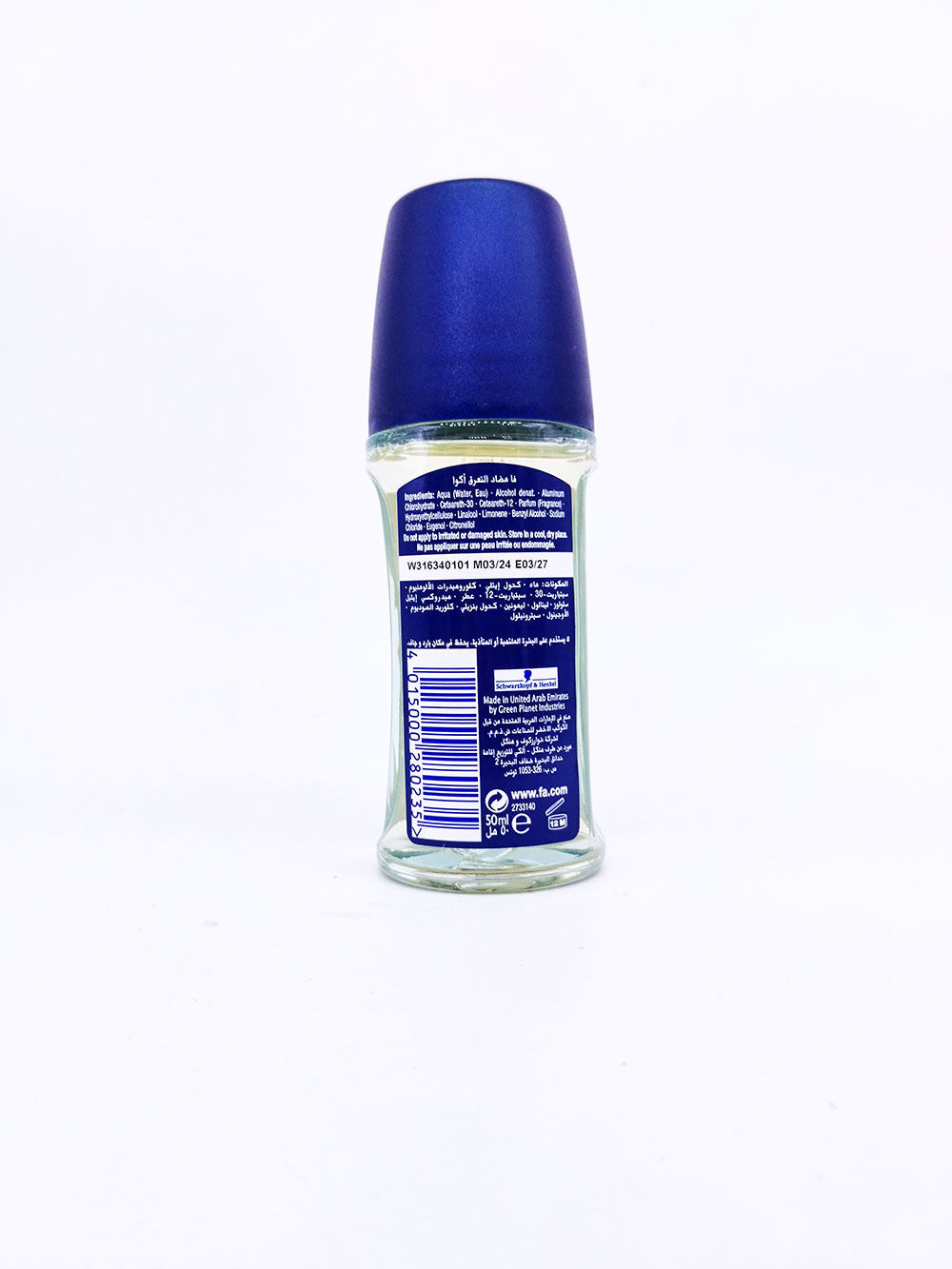 Rear view of Fa Aqua deodorant bottle on a white background