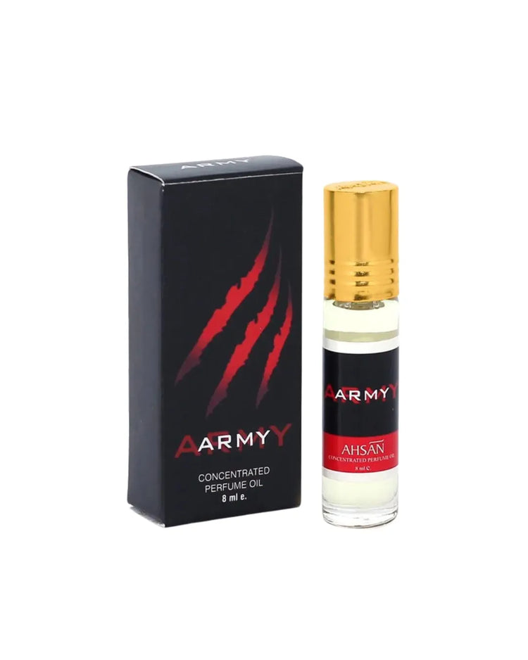 Army attar bottle and packaging on a white background