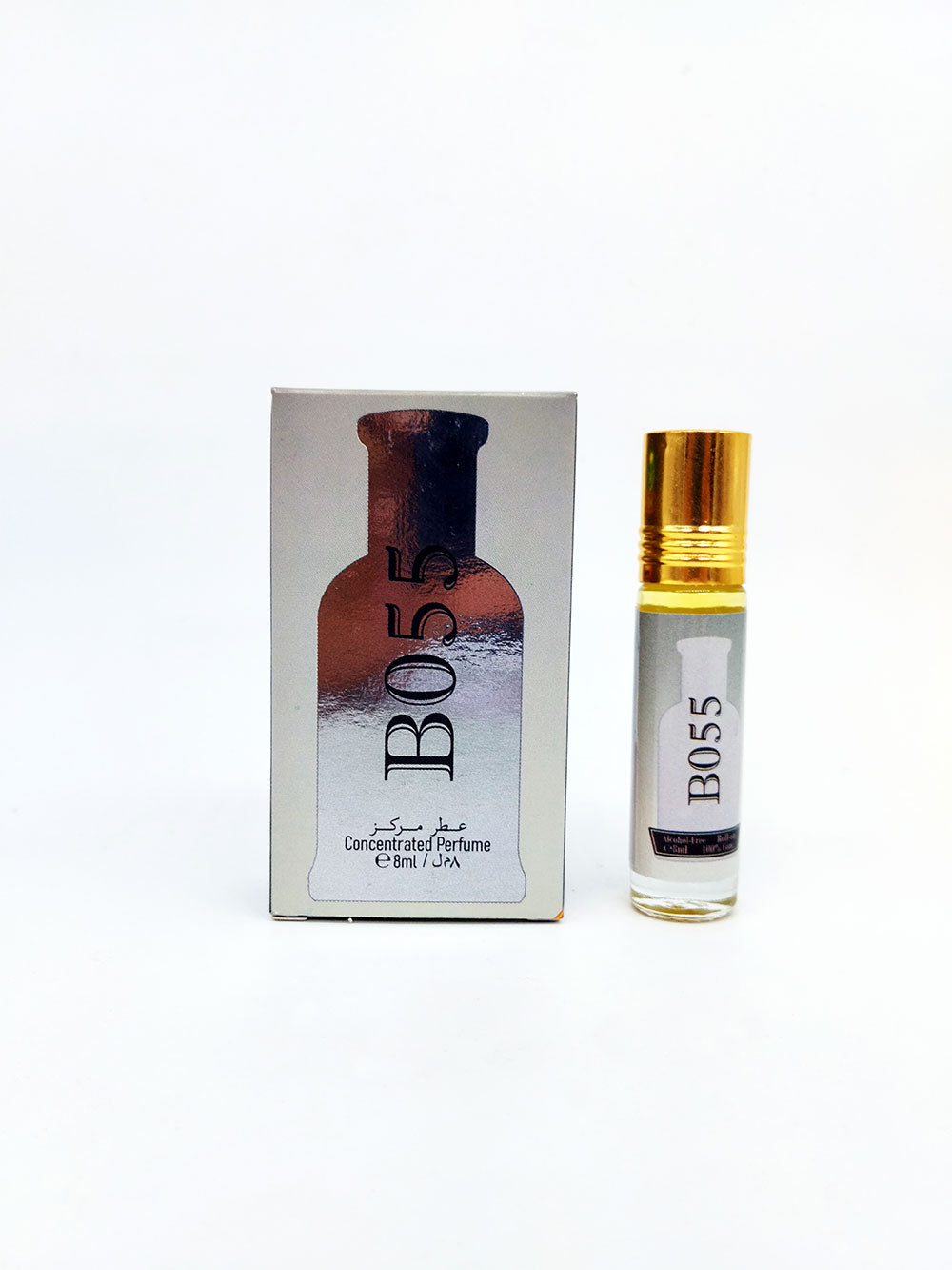 BOSS perfume oil and packaging on a white background