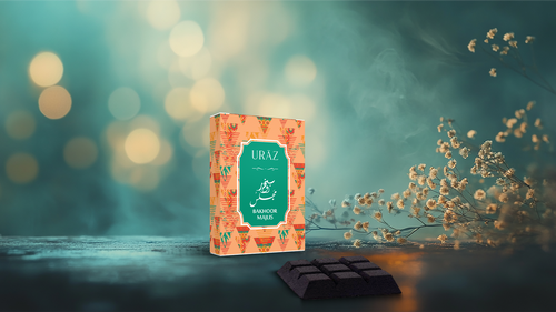 URAZ Bakhoor Majlis packaging with a blurred background of lights and flowers