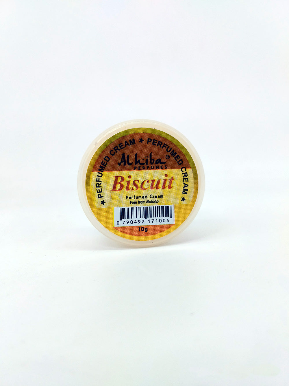 Small container of Alhiba Biscuit Perfumed Cream on a white background