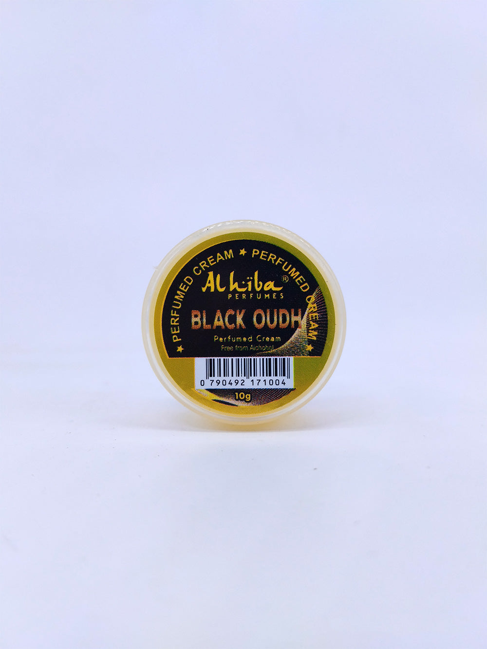 Alhiba Black Oudh perfumed cream container on a light blue background
