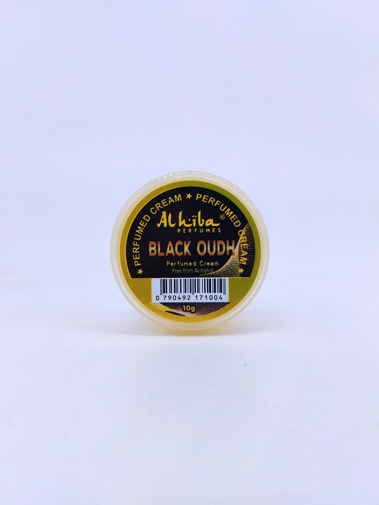 Alhiba Black Oudh perfumed cream container on a light blue background