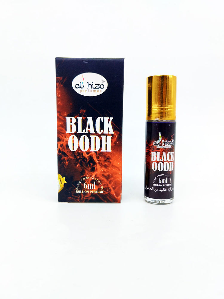 Black Oodh attar bottle and packaging on a white background