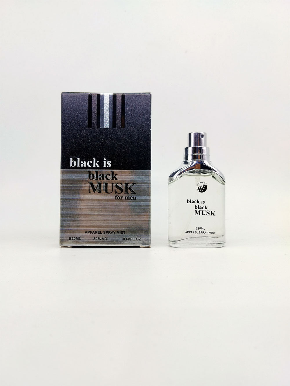 Perfume bottle and packaging of 'black is black MUSK' for men on a white background