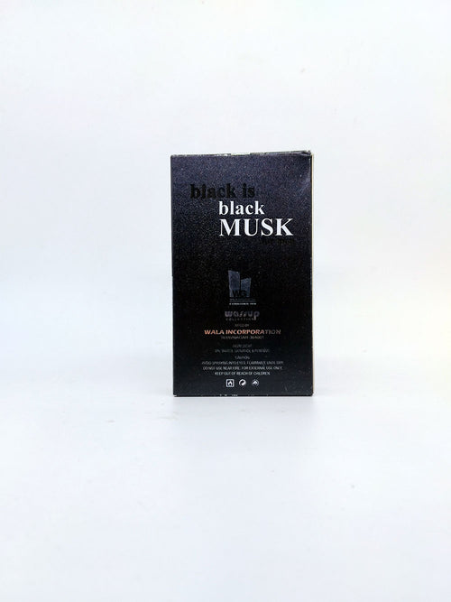 Black box of 'black is black MUSK' on a white background