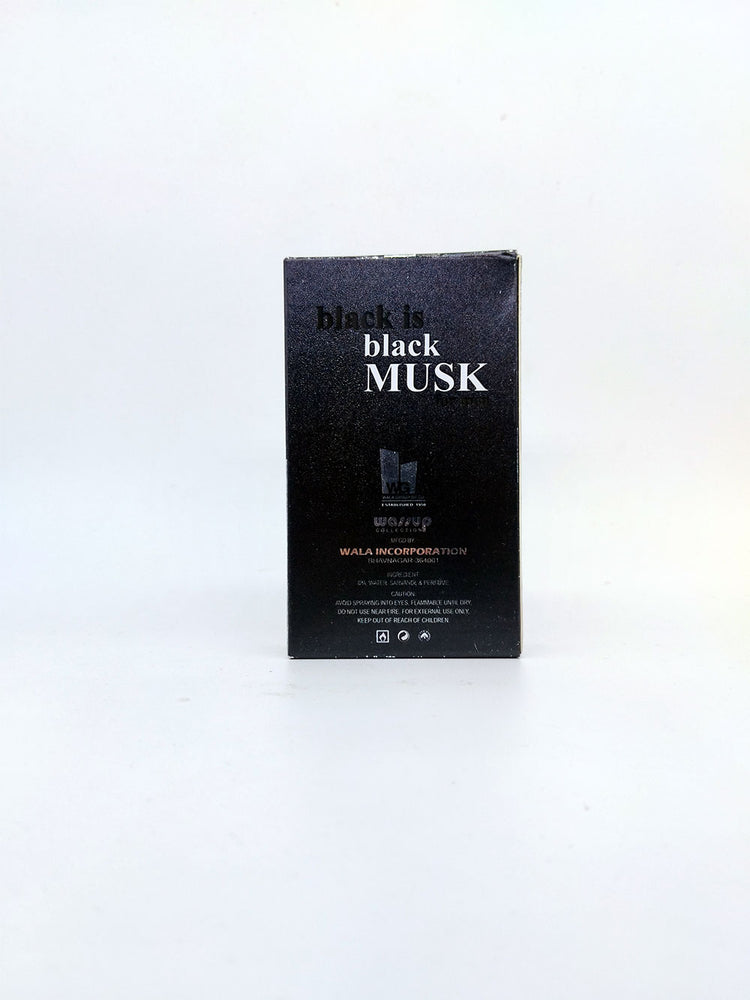 Black box of 'black is black MUSK' on a white background