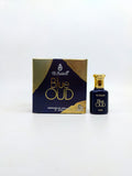 al nuaim blue oud attar bottle and box with white background