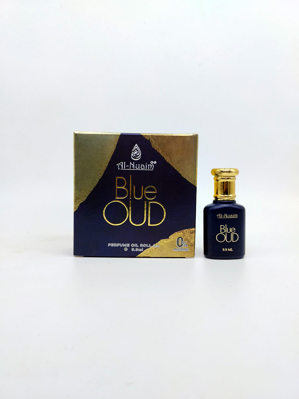 al nuaim blue oud attar bottle and box with white background