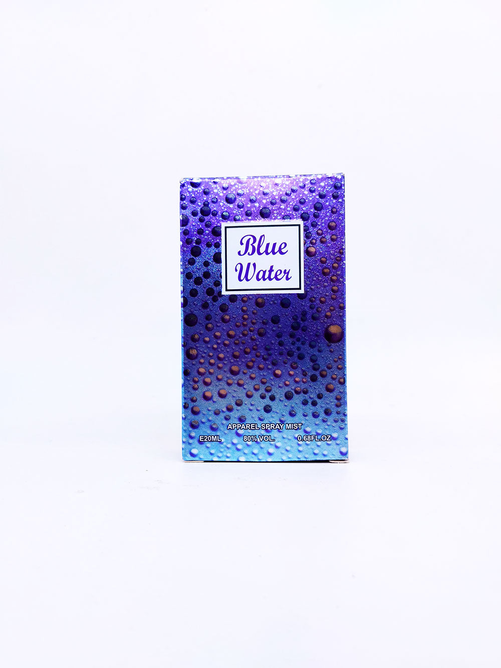 Blue Water packaging with water droplets on a white background