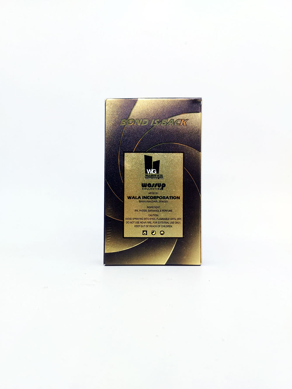 Gold packaging box with text on a white background