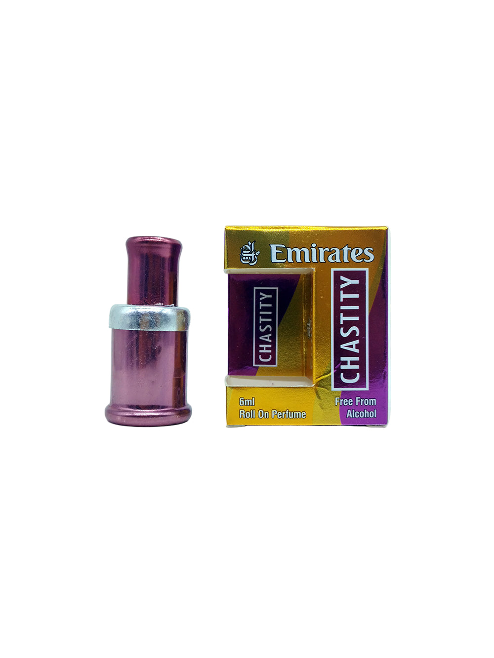 chastity yellow attar with Emirates Chastity packaging on a light gray background