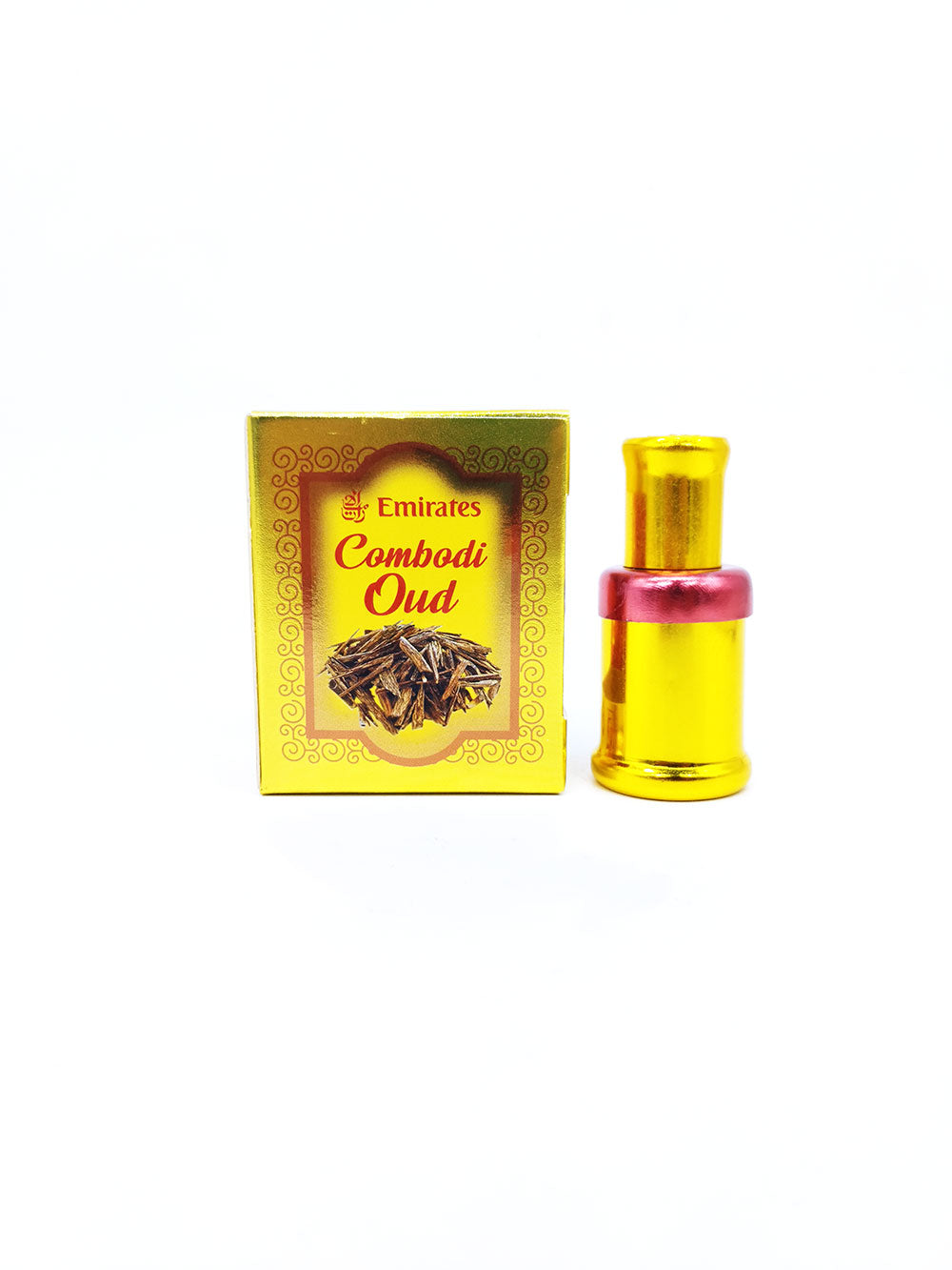 Emirates Combodi Oud attar bottle and packaging on a white background