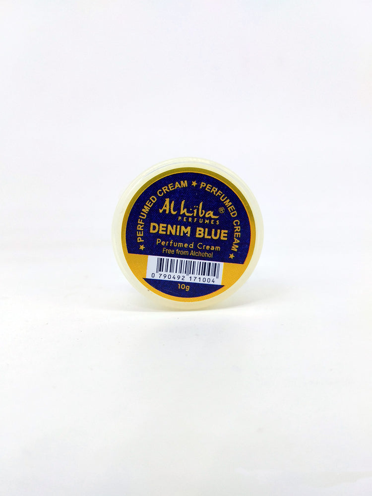 Alhiba Denim Blue Perfumed Cream container on a white background