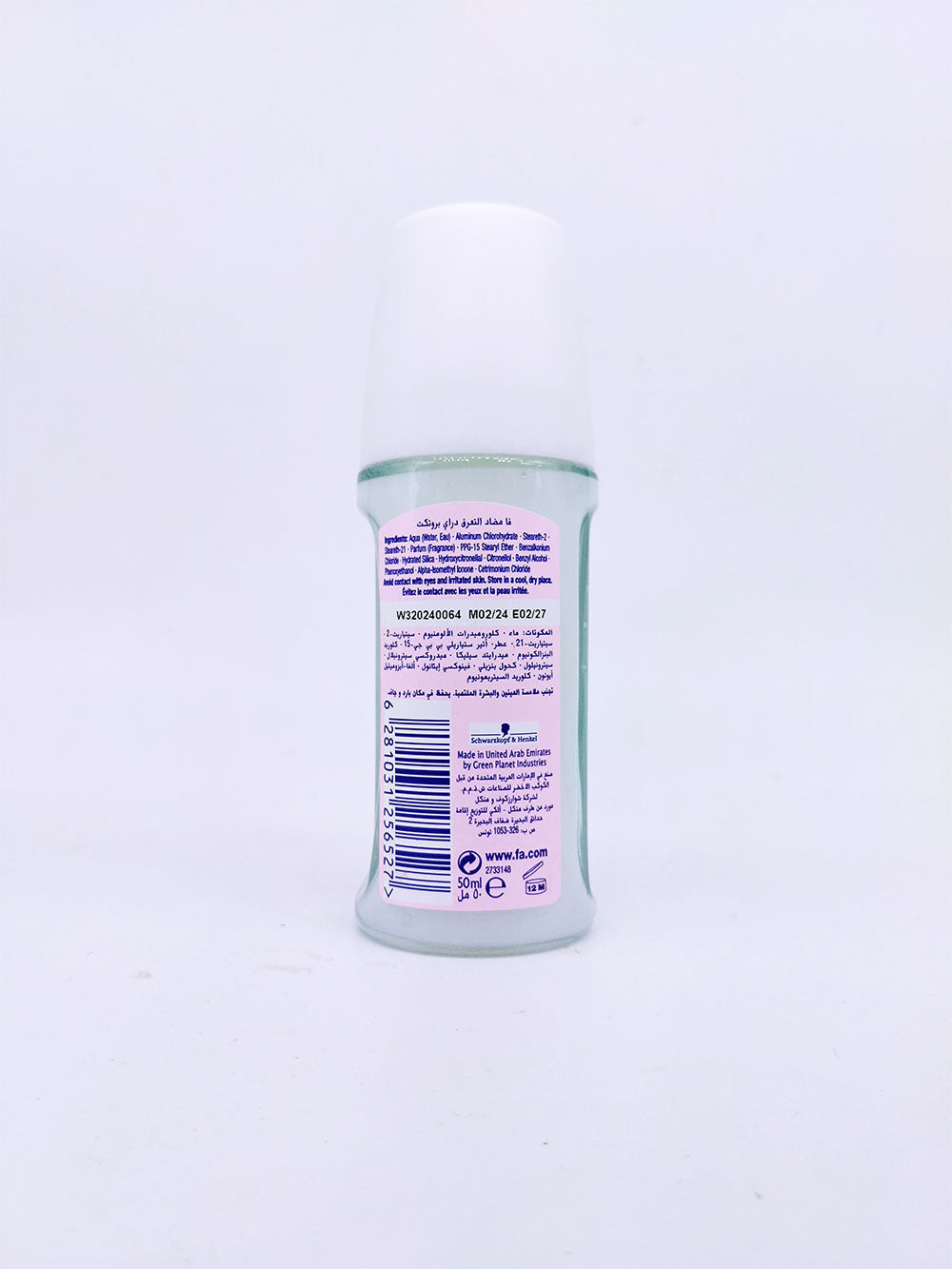 Rear view of Fa Dry Protect antiperspirant roll-on bottle on a white background
