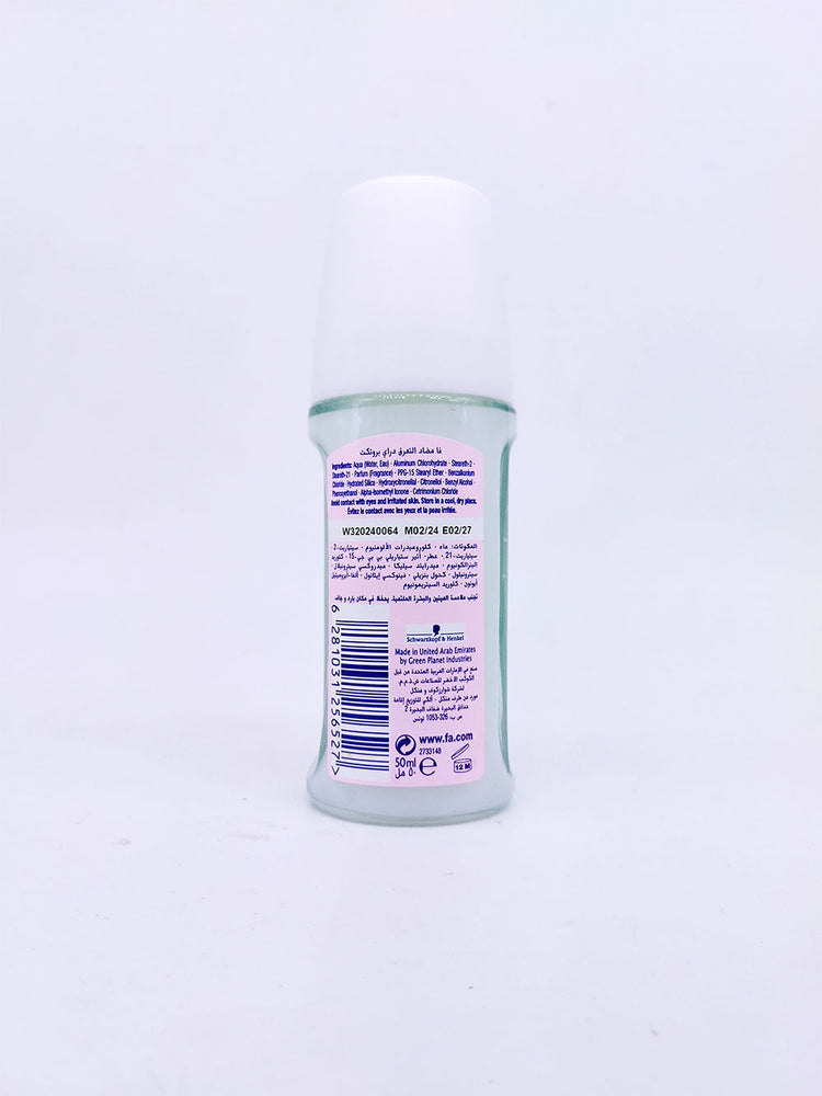 Rear view of Fa Dry Protect antiperspirant roll-on bottle on a white background