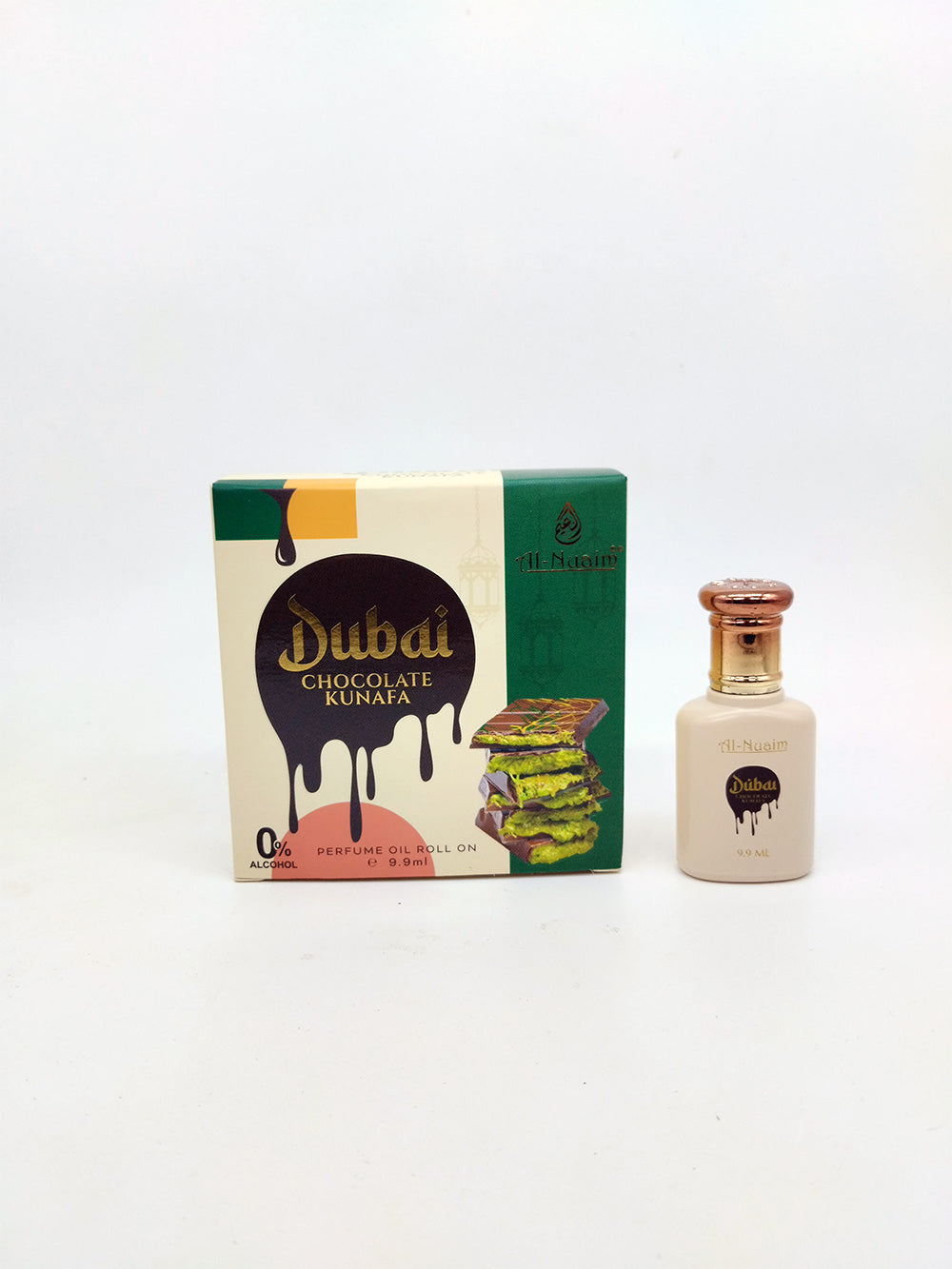 al nuaim dubai chocolate kunafa attar bottle and box with white background