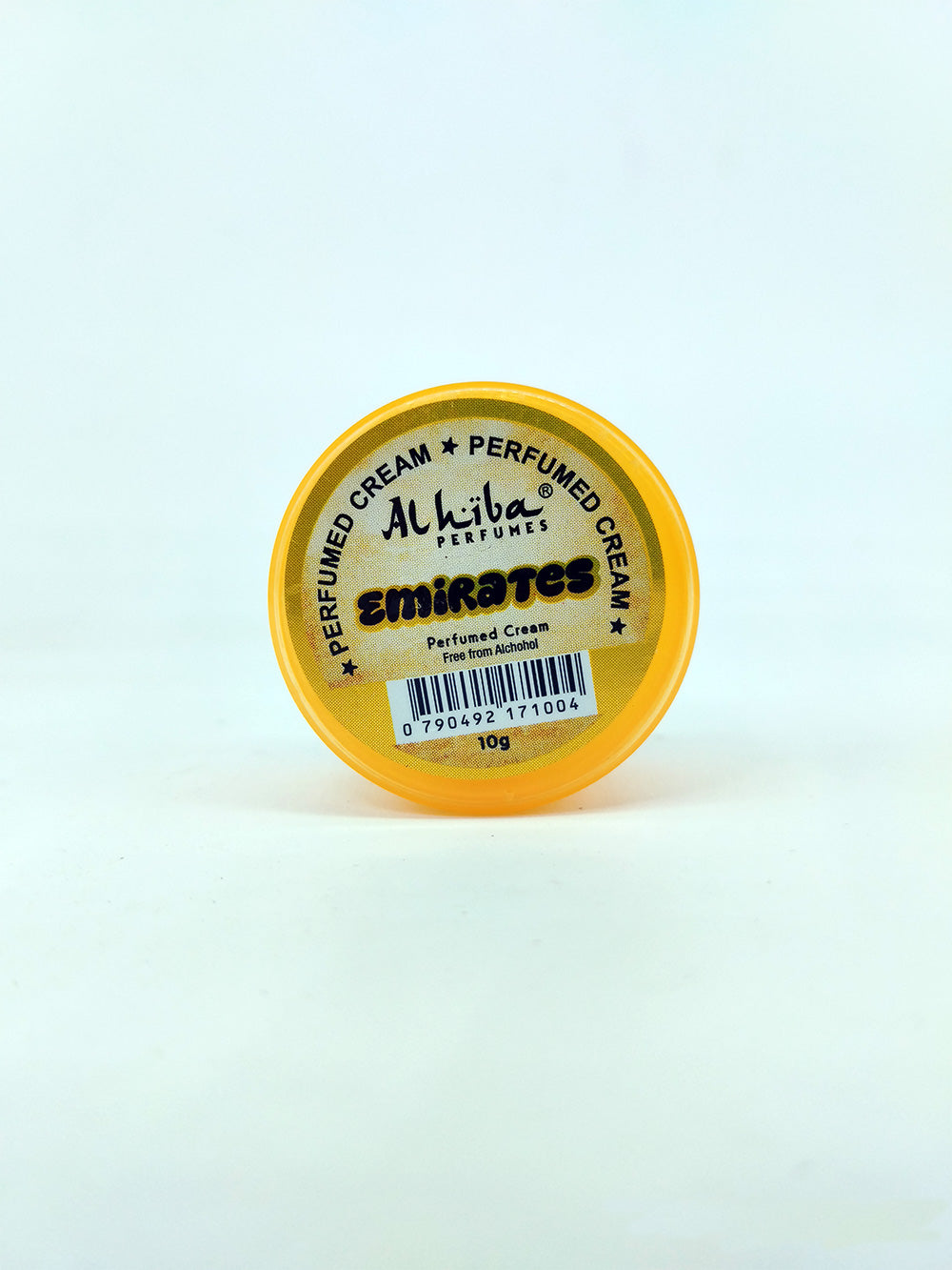Small container of Alhiba Perfumes Emirates cream on a light gray background