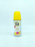 Deodorant bottle with yellow cap and white label on a light blue background